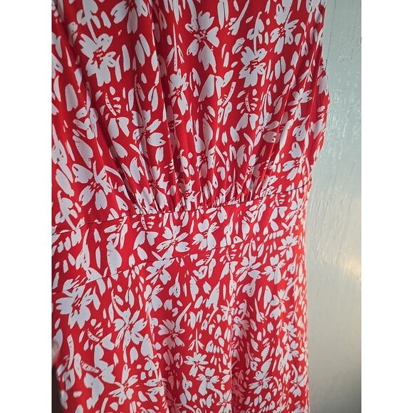 London Times Midi Red Dress 12P Rouched Floral Cottage Coquette Feminine - Picture 3 of 6